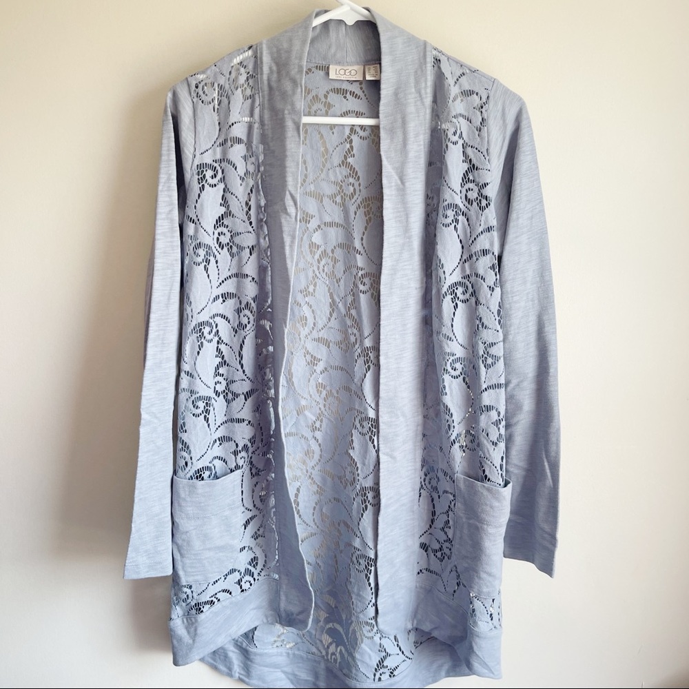 LOGO Lori Goldstein Blue Lace Cardigan sweater